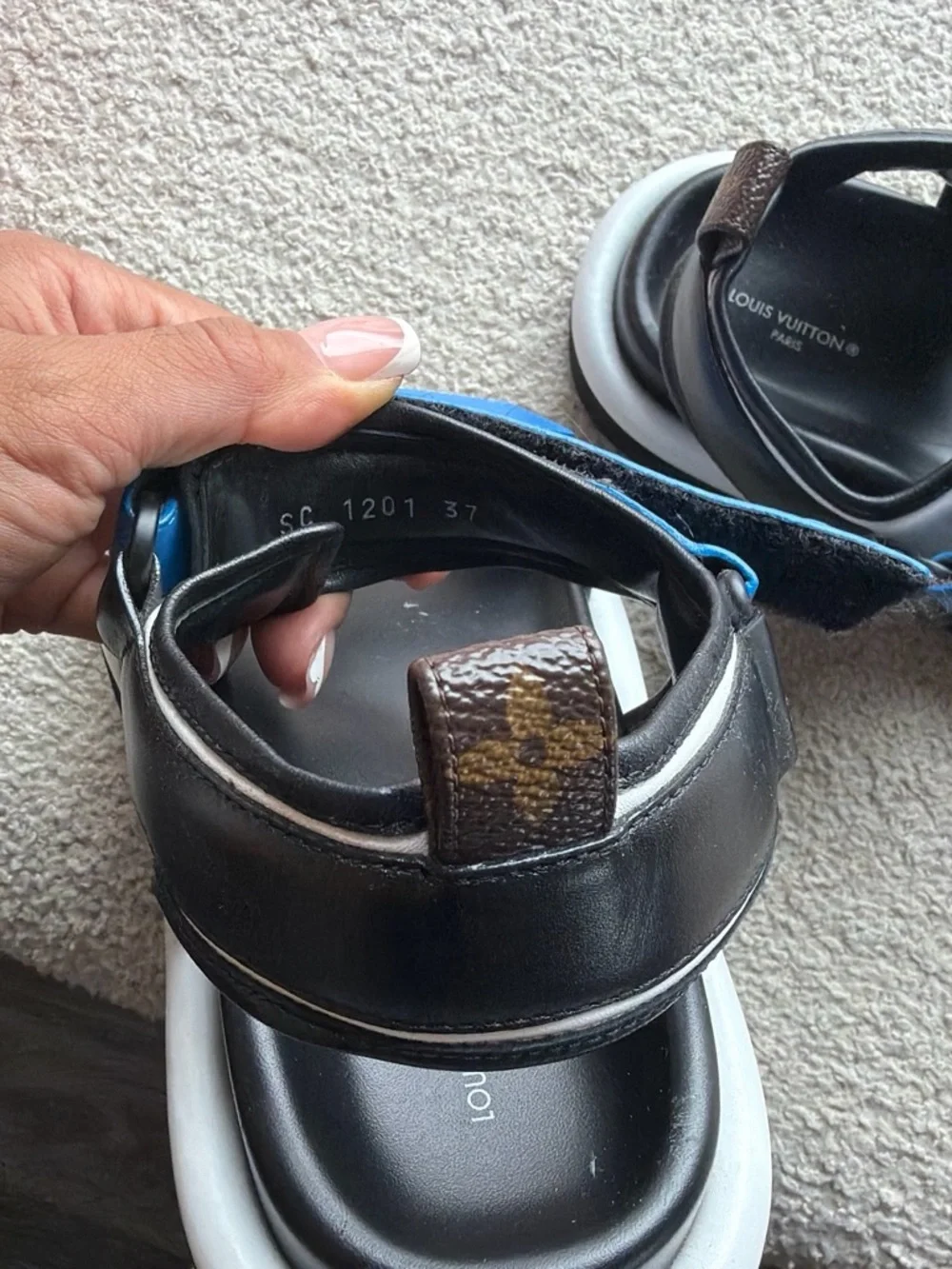 Louis Vuitton Blue and Black Logo Strap Sandals